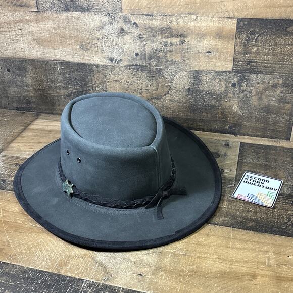 BC HATS steer hide leather AUSTRALIAN outback Black Large Hat Cap - Picture 1 of 6